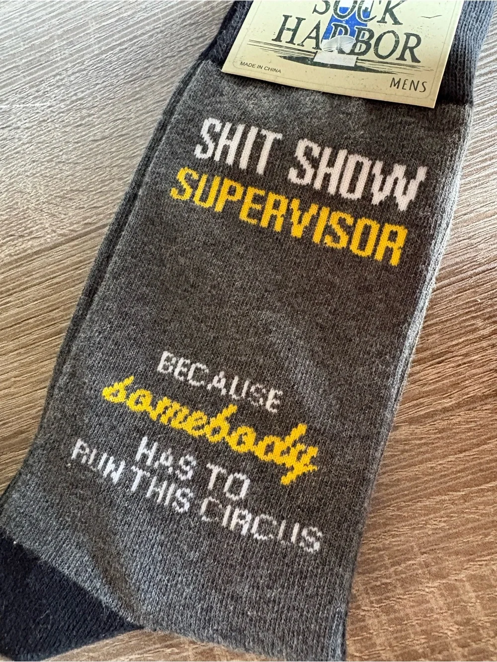 Arbor Gray Crew Socks with Yellow & White Novelty Text